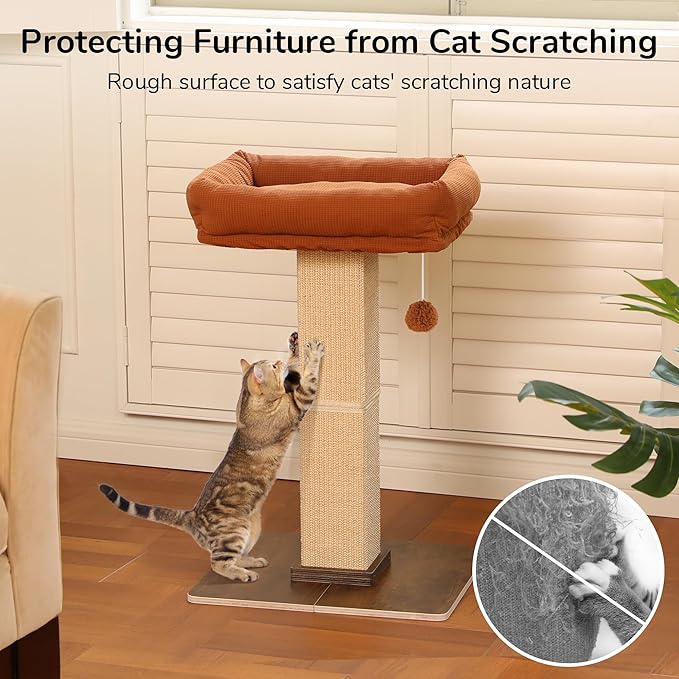FUKUMARU Cat Scratching Post, Retro-Style Tall Scratch Posts with Perch for Infoor Cats Adults, Large Cat Scratcher Tower with Bed, Natural Sisal & Solid Wood