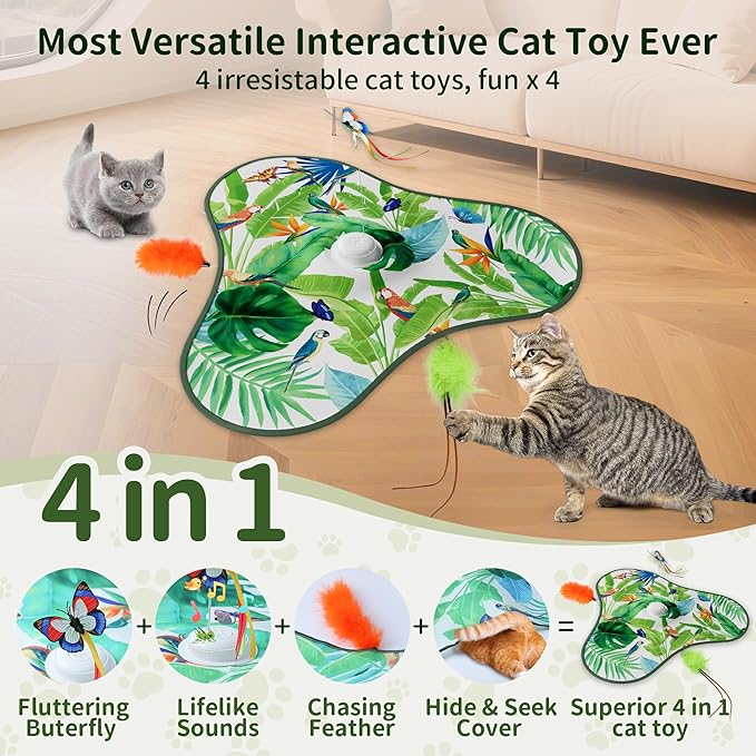 4-in-1 Interactive Cat Toy, Hide and Seek Cat Toys for Indoor Cats, Automatic Cat Kitten Toys with Moving Concealed Feathers, Fluttering Butterfly, Lifelike Sounds,Touch Activated, USB Rechargeable