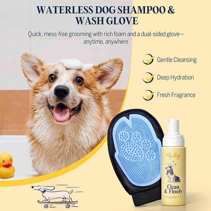 Clean and Floofy Dry Dog Shampoo with Glove – No Rinse Spray Foam, Anti-Itch, Odor Control, Moisturizing & Conditioning, Hydrating, Detangling, Sulfate-Free Waterless Pet Bath Wash for Dogs & Puppies