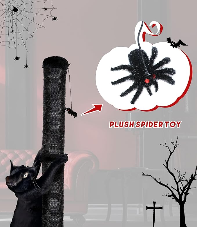 Gothic Cat Scratching Post with Spider Dangling Toys for Indoor Cats, Halloween Spooky Cat Scratcher,Activity Cat Play Center Goth Cat Tree Tower Furniture with Cobweb Base,Black