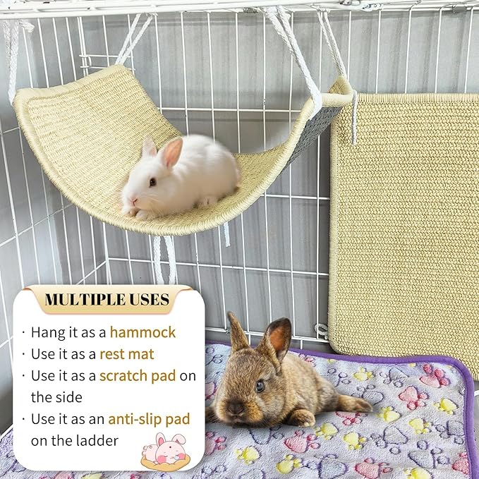 Hamiledyi 2Pcs Rabbit Scratcher Mat 16 ×12'' Natural Sisal Bunny Scratch Pad Rug with Rope Scratching Sleeping Nesting Pad Mat for Bunny Guinea Pig Chinchilla (2Pcs 16×12'')