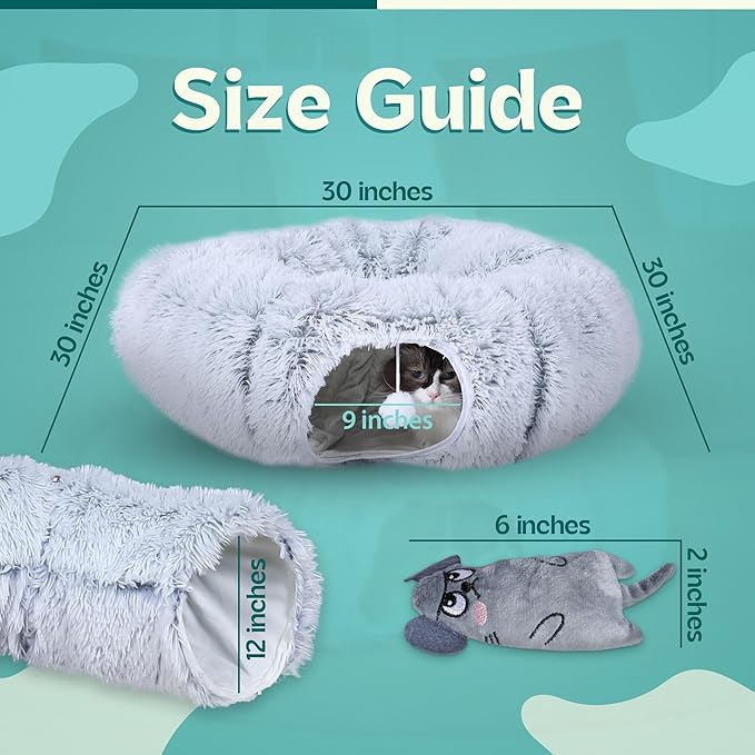 Cat Tunnel Bed for Indoor Cats with Premium Soft Fabric Interior - Upgraded Materials - Large Donut Cat Tunnel, Cat Cave and Hiding Spot, Kitten Doughnut Tunnel, Tunnel Toy Bundle for Cats
