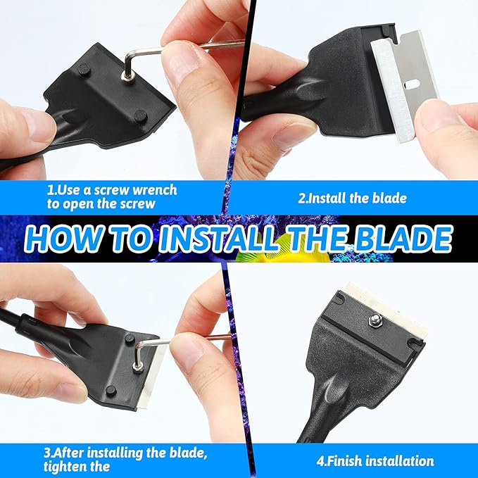 Honoson Aquarium Scraper 21.65 Aquariums Fish Tank Scraper Cleaner Tool Kit with 5 Stainless Steel Blades Long Handheld for Fish Reef Plant Glass Tank