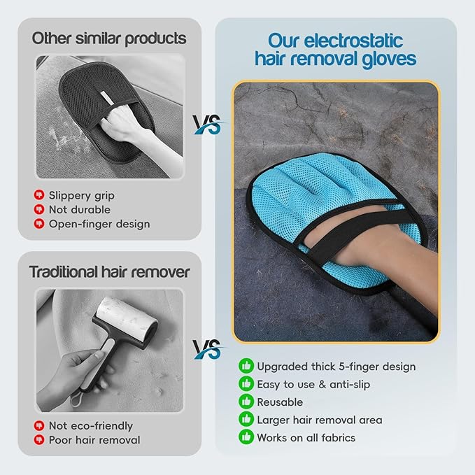 Pet Hair Removal for Dogs & Cats,Upgraded Thickened 5-Finger Design, Reusable Electrostatic Pet Hair Remover Glove, Quickly Lifts Pet Hair from Laundry,Sofas,Beds, Carpets, 1PCS