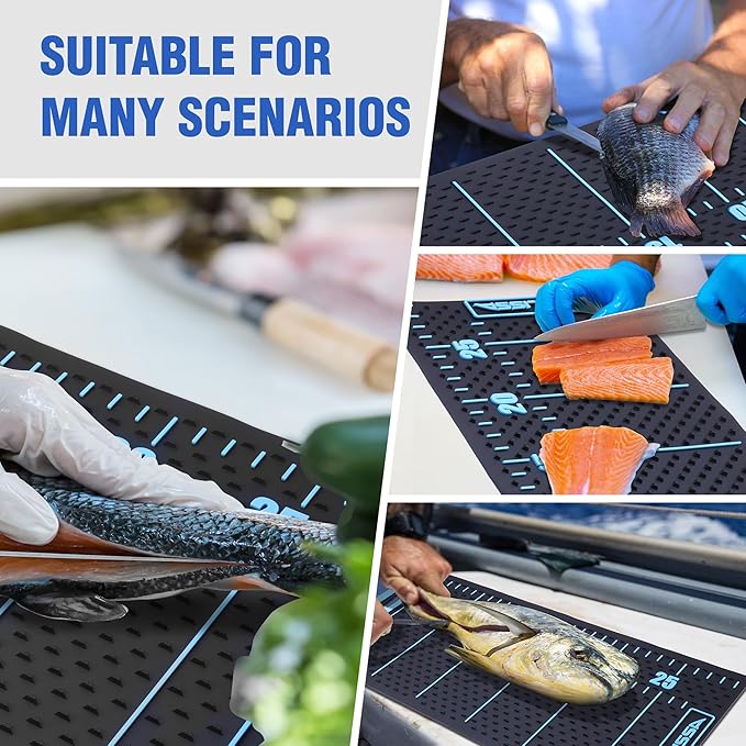 FLISSA 33" Non-Slip Fish Fillet Mat with Storage Bag, Portable & Durable Fish Cleaning Mat, Measuring Scale for Easy Filleting, Cleaning, and Cutting, Ideal Fishing Gift