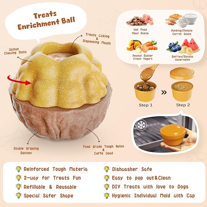 Dog Frozen Treats Toy, Cognitive Dogs Brain Stimulation Puzzle Toys for Aggressive Chewers, Interactive Dispensing Toy Enrichment Keep Them Busy No-Boredom, Tough Nylon&Coffe Wood Fillable Dog Feeder