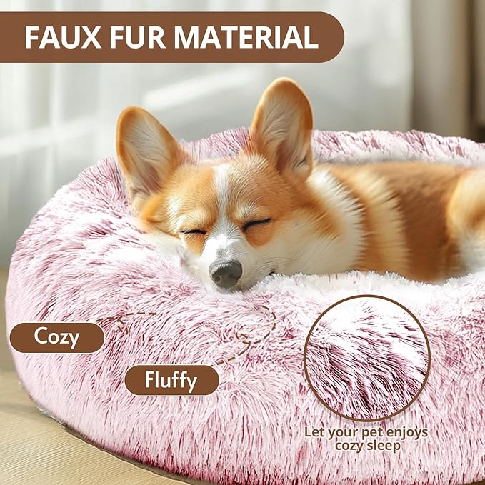 JOLLYVOGUE Calming Dog & Cat Bed for Small Dogs, Anti-Anxiety Donut Cuddler Cozy Soft Round Bed with Anti-Slip Bottom, Fluffy Faux Fur Plush Cushion Beds for Small Medium Dogs, 20"/Smoke Pink