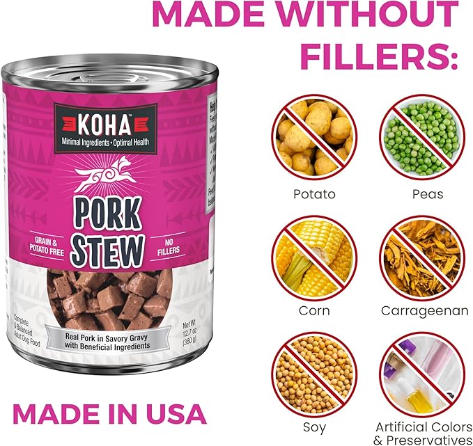 KOHA Minimal Ingredient Pork Stew for Dogs, High Protein Limited Ingredient Dog Food, 12.7oz Cans (Case of 12)