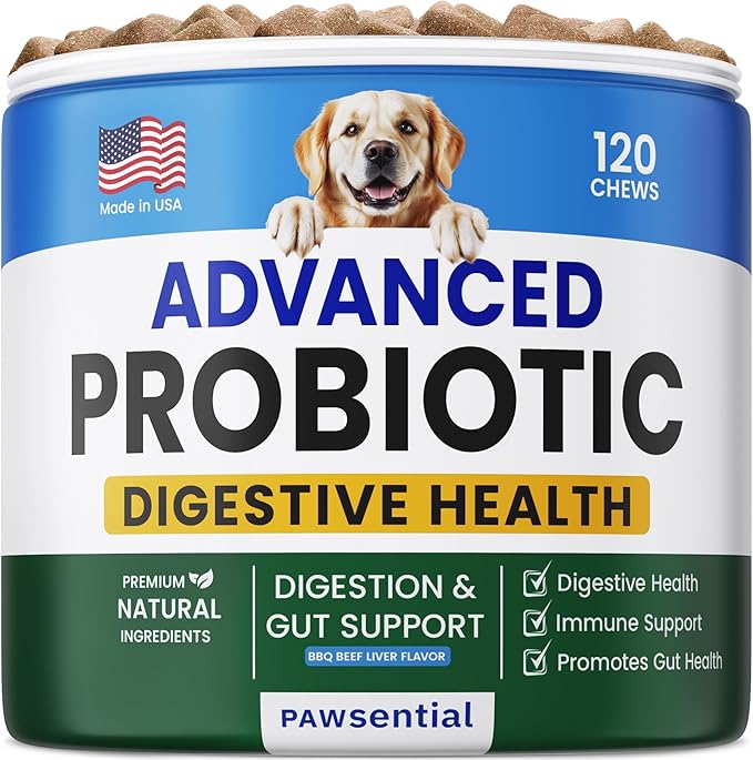 Advanced Dog Probiotics for Digestive Health & Enzymes - Diarrhea, Gas, Upset Stomach Relief & Season Allergy - Chews for Digestion - Prebiotics Fiber Supplement - Pet Probiotics for Dogs - 120 Chews