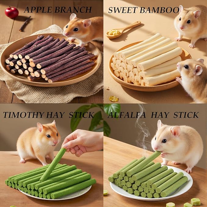 Rabbit Toys 142g/5.0oz Bunny Chew Treats Timothy Hay Sweet Bamboo Snack Guinea Pig Molar Branch Toy Apple Stick Alfalfa Food for Cleaning Teeth Grinding Dental for Hamster Squirrel Chinchilla