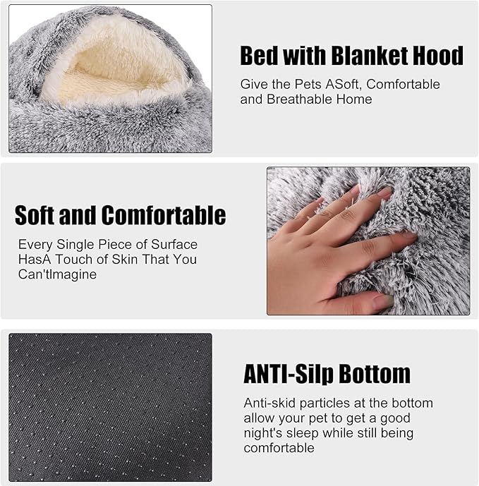 HYQ Small Dog Bed, Cat Beds for Indoor Cats Washable, Cozy Cat Cave Bed, Non-Slip Cat Beds, Calming Dog Bed with Hooded Cover, Dog Bed with Cover for Small Medium Pets (Grey, 24×24 Inch)