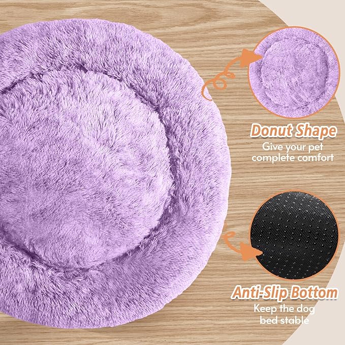 JOLLYVOGUE Medium Calming Dog Bed, Anti-Anxiety Donut Cuddler Cat Bed with Anti-Slip Bottom, Fluffy Faux Fur Machine Washable Pet Cushion for Medium Large Dog & Cat (31")