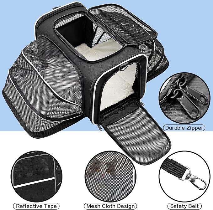 Cat Carrier Airline Approved Pet Carrier, Expandable Foldable Soft-Sided Dog Carrier, 3 Open Doors, 2 Reflective Tapes, Pet Travel Bag Safe and Easy for Cats and Dogs(Black)