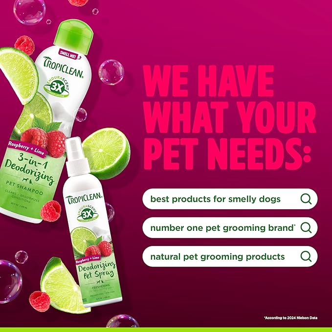 TropiClean Dog Perfume, Long Lasting Raspberry Lime Cologne, Deodorizing Spray for Smelly Dogs, After Bath Detangling Spray, Safe for Cats, 8oz.
