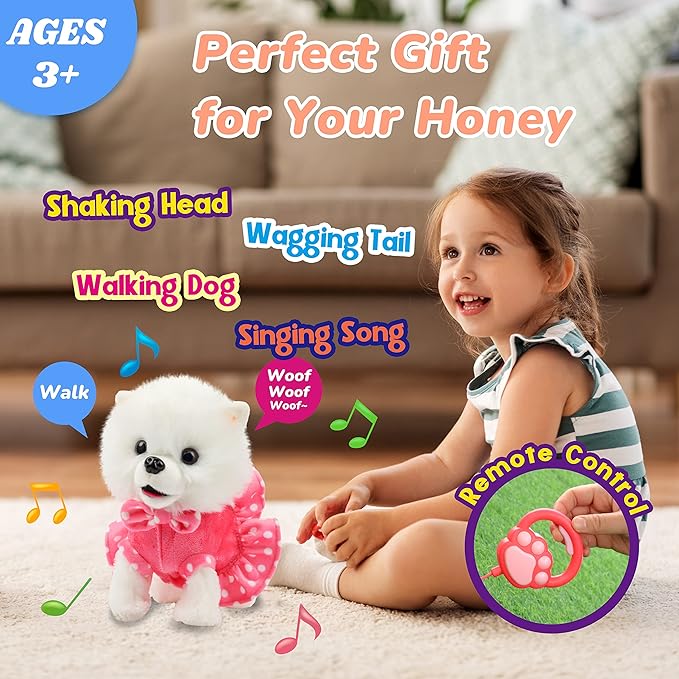 Hopearl Walking Pomeranian Interactive Electronic Pet Dog Toy Remote Control Leash Animated Puppy Nodding Barking Wagging Tail Gifts for Toddlers Birthday, White, 10''