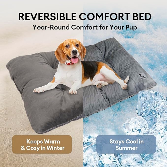 FUNNY FUZZY 24x18 Washable Dog Bed Reversible Crate Mat, 2 in1 Orthopedic Puppy Bed for Small Dogs/Cats, Fluffy Deluxe Kennel Mattress,Sleeping Pad,Charcoal Grey,S