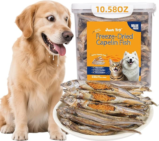 Just Try 10.58 oz Freeze Dried Cat & Dog Treats Raw Dried Capelin Fish Single Ingredient High Protein Training Treats Pet Snacks Omega 3 for Skin Coat Health
