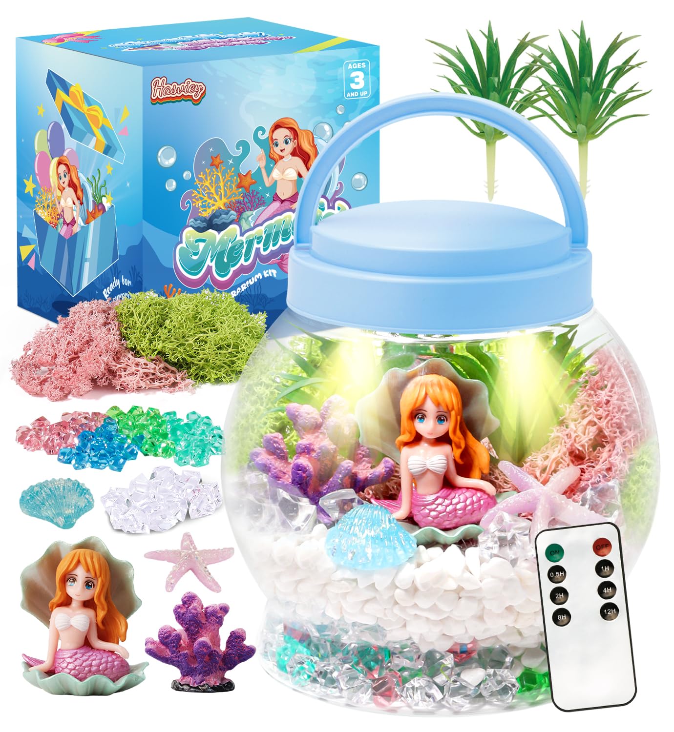 Hasviey Kids Terrarium Kit, Light-Up Mermaid Toys for Girls 4-6, DIY Arts & Crafts Kits for Kids with Remote Control, Preschool Learning & Educational Science Kits, Gift Ideas for Birthday Christmas
