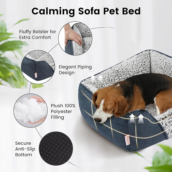 Miguel Washable Dog Bed with Removable Cushion for Medium Small Dogs, Easy to Wash Pet Sofa Bed with Side, Rectangle Bolster Cat Bed Calming Cuddle Puppy Bed with Anti-Slip Bottom, Blue 30 Inch