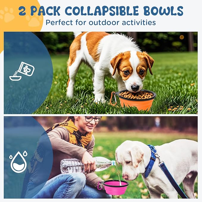 Collapsible Dog Bowls Medium, 2 Pack 22oz Portable Travel Dog Bowls, Foldable Water Bowl for Dogs Cats, Pet Feeding Watering Dish with Carabiner, Food Grade Silicone BPA Free(Pink+Orange, M)