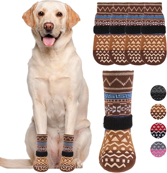 KOOLTAIL Dog Socks to Prevent Licking Paws for Hardwood Floors Anti Slip, Winter Warm Pet Boots&Paw Protector with Grippers, Double Sides Dog Shoes Booties for Small Medium Large Senior Dogs Khaki XL
