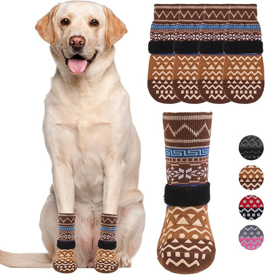 KOOLTAIL Dog Socks to Prevent Licking Paws for Hardwood Floors Anti Slip, Winter Warm Pet Boots&Paw Protector with Grippers, Double Sides Dog Shoes Booties for Small Medium Large Senior Dogs Khaki XL