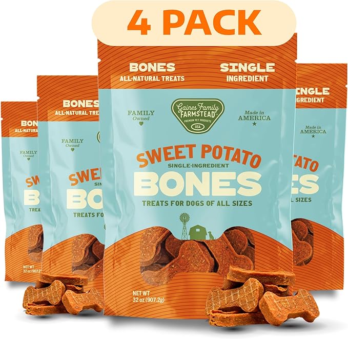 Gaines Family Farmstead Sweet Potato Dog Bones 4 Pack – 32 oz Bags, All-Natural, Single Ingredient, Grain-Free Dog Treats for Digestive Health, Training & Rewards – High-Fiber, Made in USA