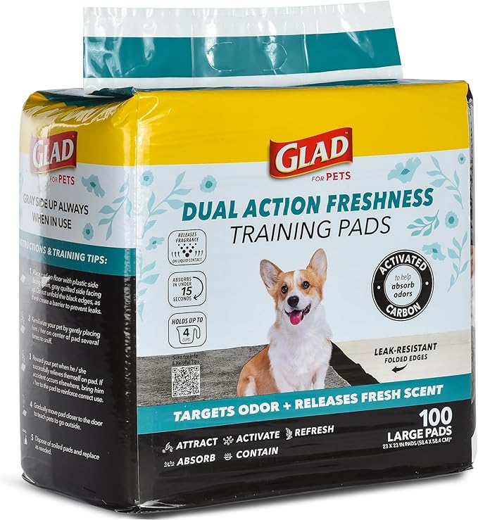 Glad for Pets Dual Action Freshness Activated Carbon Puppy Training Pads with Fragrance Release, Scented Pee Pads, Ultra Absorbent, Odor Control. 23"x23" 100ct