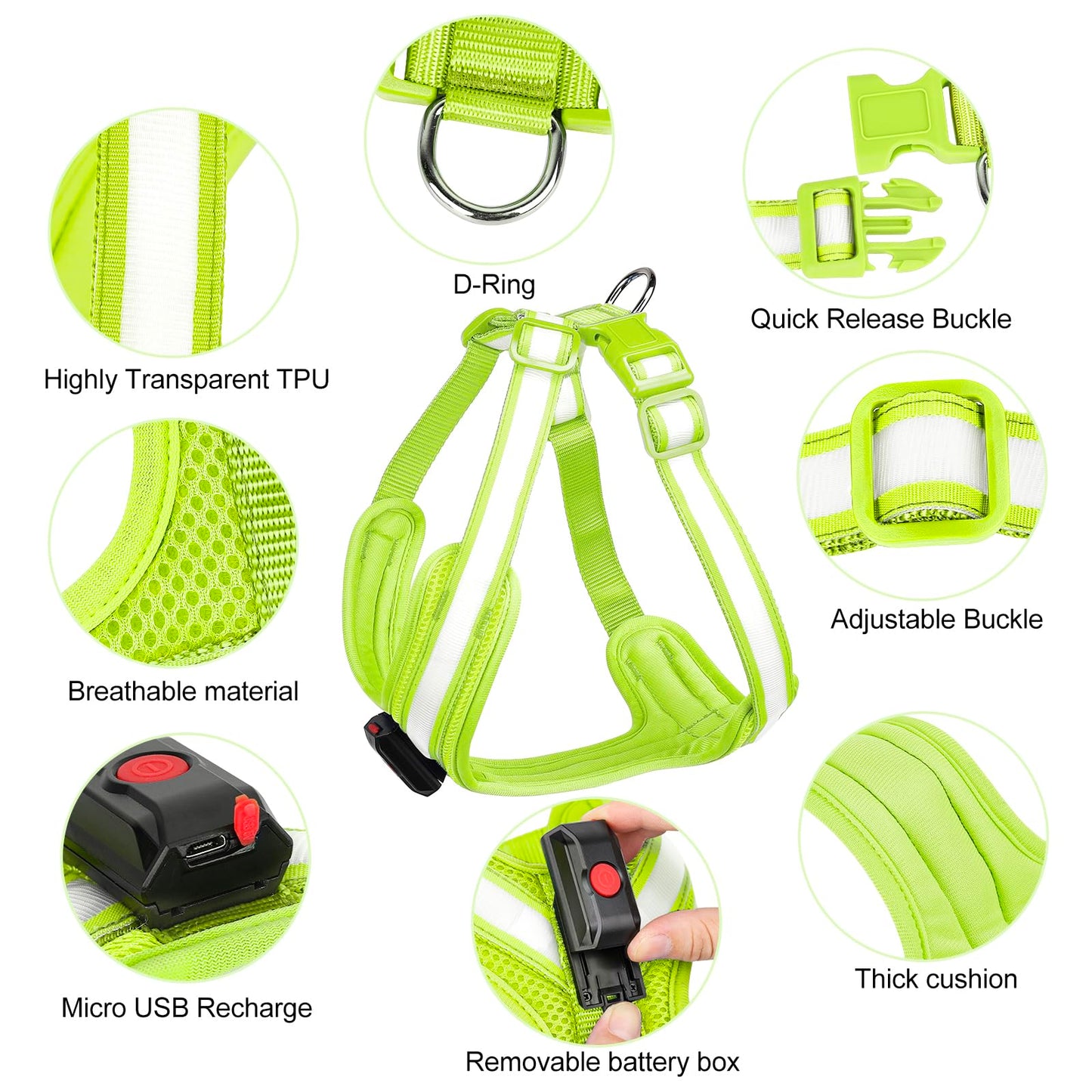 KOSKILL Light Up Dog Harness,Led Dog Harness Rechargeable,Lighted Dog Harness Glow in The Dark, LED Dog Vest Reflective,Light Up Harness for Dogs,Dog Lights for Night Walking(Green,L)