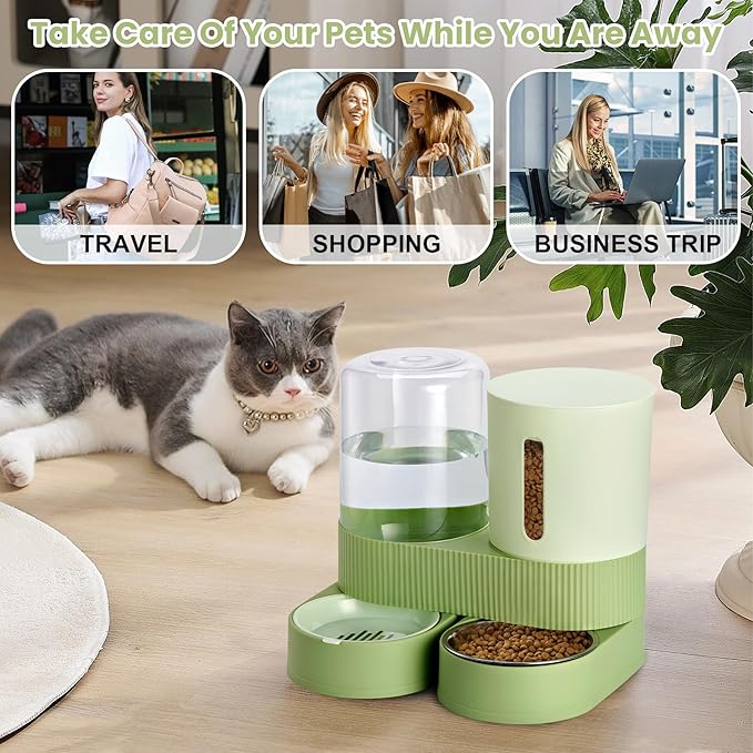 Automatic Dog Cat Water Dispenser Gravity Feeder and Water Dispenser Stainless Steel 2-in-1 Set Large Capacity Dispenser for Pets Dogs, Puppies, Kittens（Green）