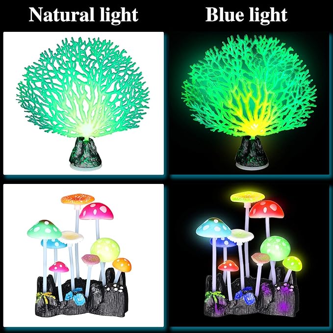 Frienda 8 Pieces Glowing Fish Tank Decorations Plants with 2 Style Glowing Kelp, Sea Anemone, Simulation Coral, Jellyfish, Lotus Leaf, Mushroom for Aquarium Fish Tank Ornament(Yellow, Pink)