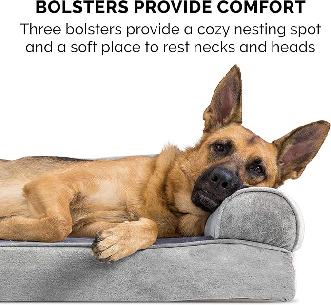 Furhaven Cooling Gel Dog Bed for Medium/Small Dogs w/ Removable Bolsters & Washable Cover, For Dogs Up to 35 lbs - Faux Fur & Velvet Sofa - Smoke Gray, Medium