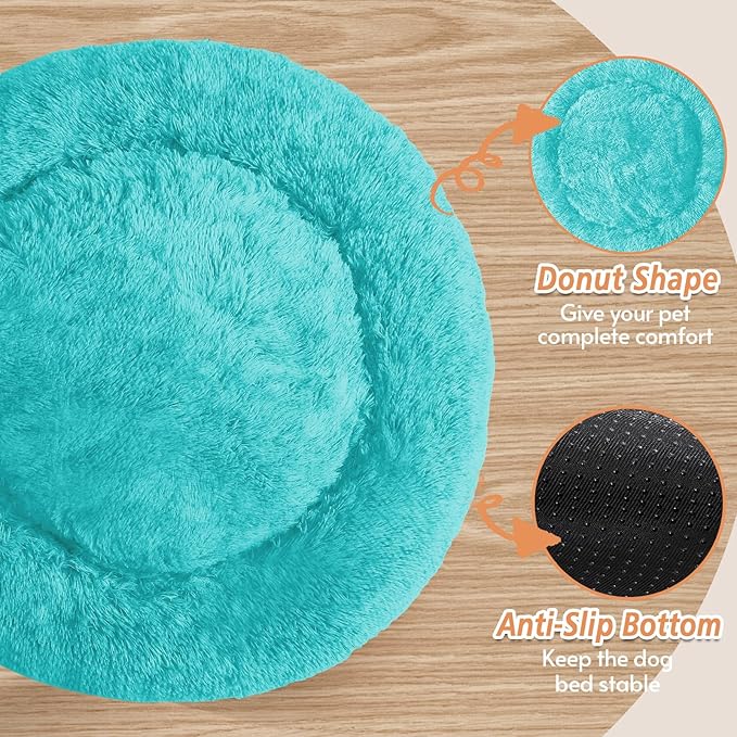 JOLLYVOGUE Medium Calming Dog Bed, Anti-Anxiety Donut Cuddler Cat Bed with Anti-Slip Bottom, Fluffy Faux Fur Machine Washable Pet Cushion for Medium Large Dog & Cat (31")