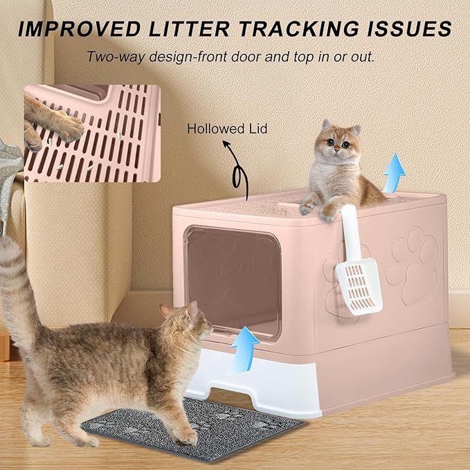Upgrade Portable Litter Box, Top Entry Cat Box with Lid, No Leakage Kitty Box with Scoop and Mat, Easy Cleaning Cat Box Enclosure (Pink)