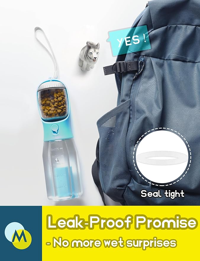 Portable Water Bottle for Dogs, 3 in 1 Pet Travel Bowl Dispenser with Food Treat Container & Poop Bag Holder, Summer Walking Hiking Accessories for Large Dog On The Go - Darkblue, 20oz