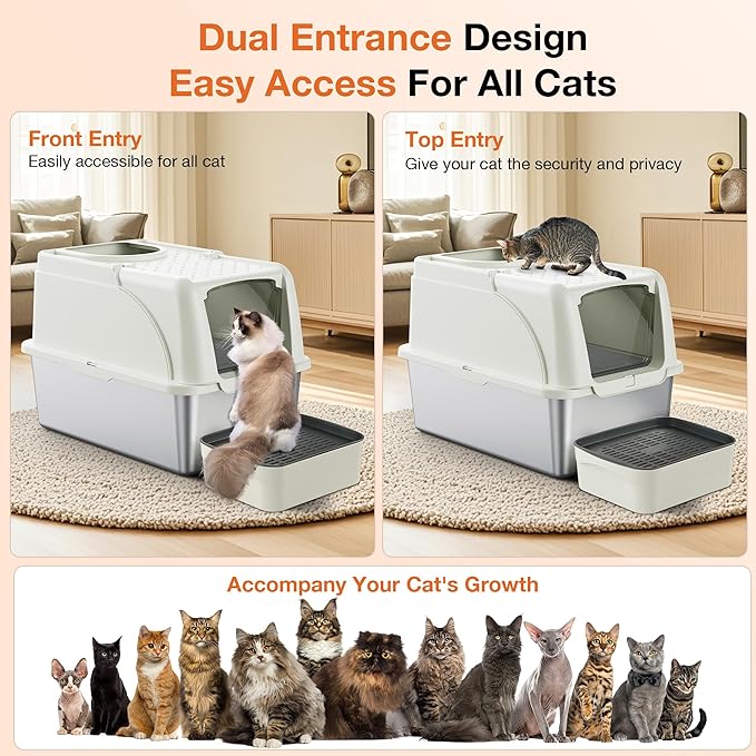Stainless Steel Litter Box, XXL Large Metal Covered Litter Boxes, Dual Entrance Detachable Cat Litter Box with Lid, 16.6'' High Wall Urine Leak Prevention with Cat Litter Scoop (White)