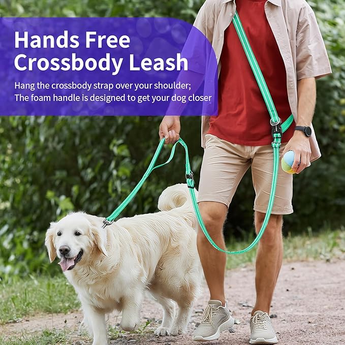 Hands-Free Dog Leash with Adjustable Length 6-9FT + Dual Padded Handles Reflective Safety for Walking, Jogging & Training | Suitable for Medium to Large Dogs & Puppies Green-L