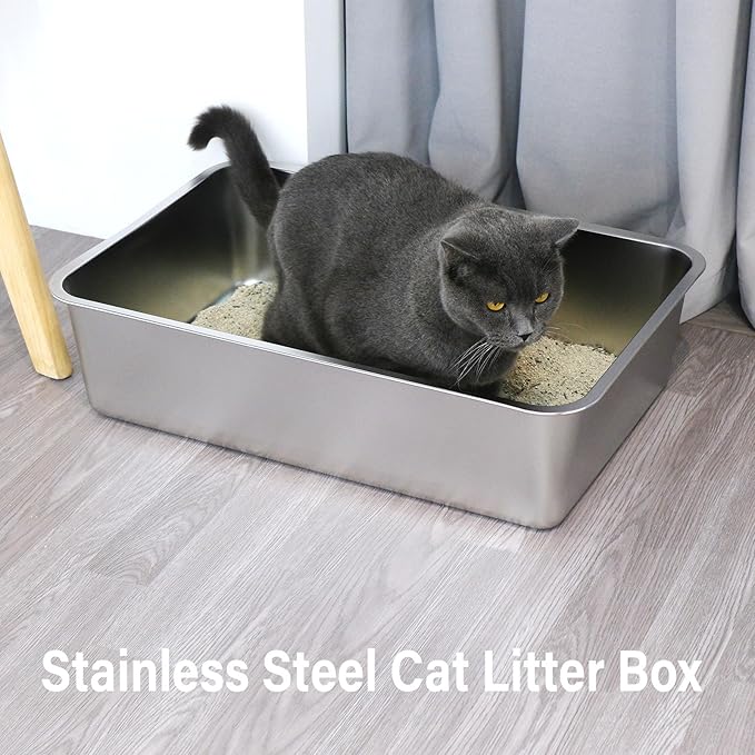 Stainless Steel Litter Box -6in High Sided,XL Metal Cat Litter Box for Big Cats Easy to Clean, Cat LitterBox Metal Pet Toilet for Adult Big Cats,Non Stick, No Smell,23.6"x15.8"x6"
