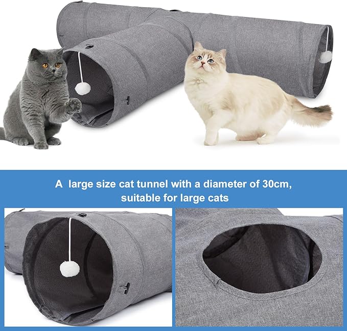 Ownpets Cat Tunnel, Extra Large 3 Way Collapsible Kitty Tunnel Cat Tube with Plush Ball & Feather Toy, Cat Play Tunnel for Large Cat, Kitten, Puppy, Rabbit(12 inches in Diameter)