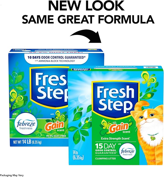 Fresh Step Clumping Cat Litter with Febreze Gain Scent, Long Lasting Odor Control Kitty Litter with Activated Charcoal, Low Dust Formula, 14 lb