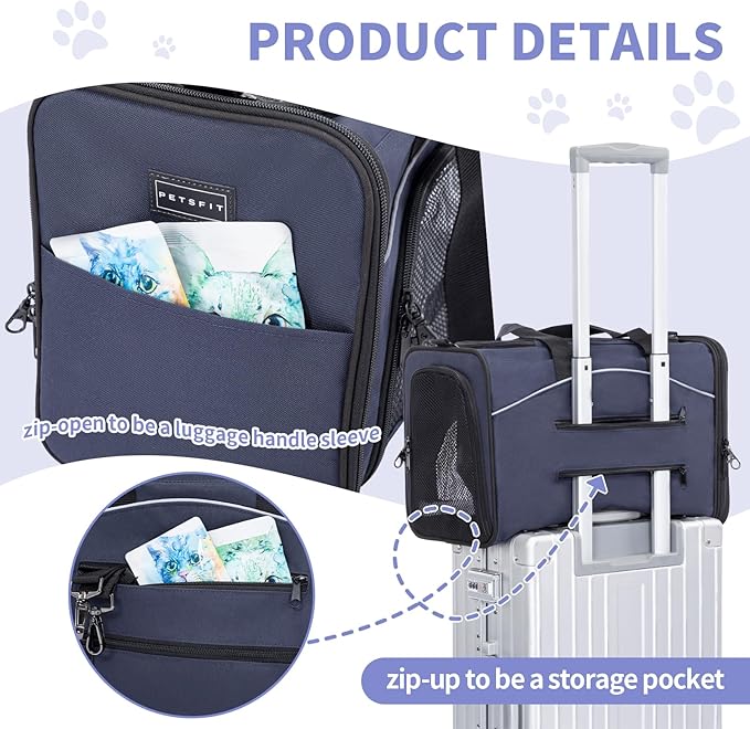 ‌Petsfit Airline Approved Pet Carrier for Small Cats, 16.5x8.6x11 TSA Approved Carrier, with Removable Dual-Sided Padding (2-Way Placement) - Fits Under Most Airplane Seats, Escape Proof (Navy)