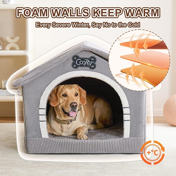 Jiupety Indoor Dog House with Frame, Large Dog Cave Bed, Insulated Cozy, Suitable for 60-100 lb, Jumbo (38"×30"×28"), Gray