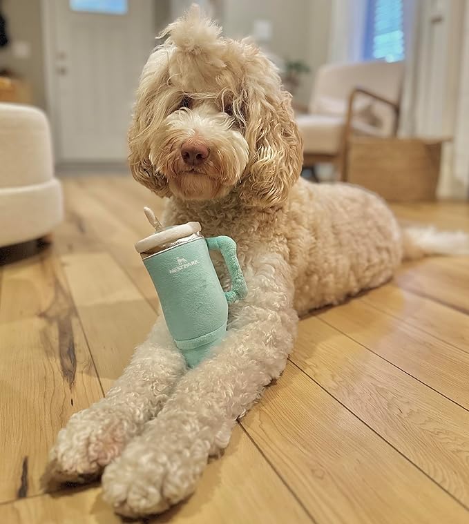 Tumbler Cup Funny Dog Toy - Parody Plush Squeaky Crinkle Dog Toy (Seafoam Green)