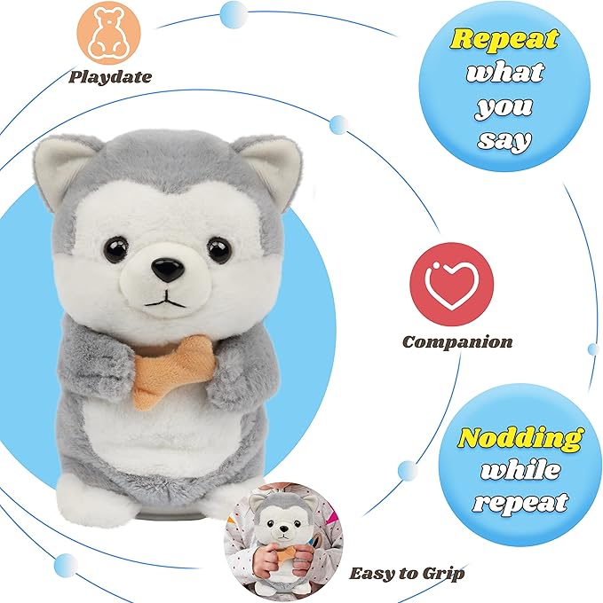 Hopearl Talking Husky Repeats What You Say Dog Nodding Electric Interactive Animated Puppy with Bone Toy Speaking Plush Buddy Gifts for Toddlers, Gray, 6.5''