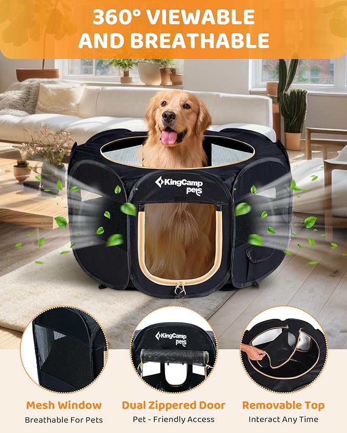 KingCamp Dog Playpen, Portable Foldable Cat Kitten Puppy Tent Crates 29"/36"/50" Pop Up Pet Playpen with Zippered Bottom & Cover for Indoor Outdoor Use (X-Large, Black)