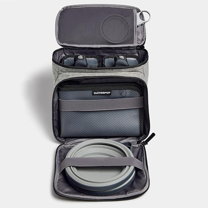 Large 7-Piece Bistro Box Dog Food Travel Kit, 12-Cup Kibble Storage, 2 Silicone Bowls, Mat & Scoop - Premium Portable Pet Food Kit for Weekends, Overnights, Daycare & Camping, Heather Grey