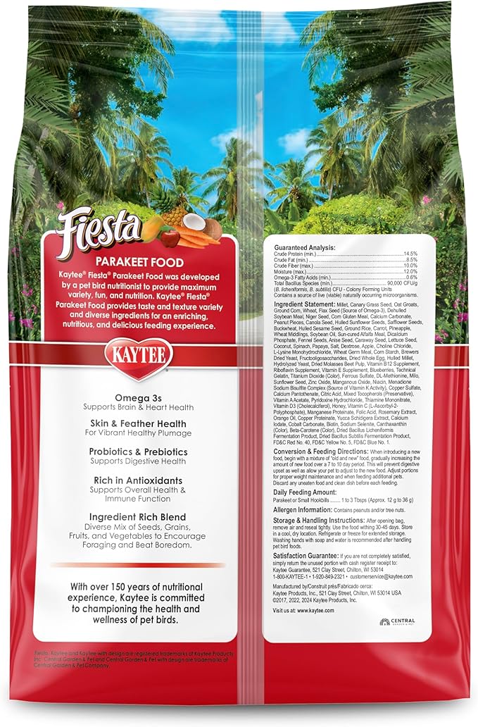 Kaytee Fiesta Parakeet Food, Nutritious and Fun Blend, Supports Skin, Feather, Digestion, Brain and Heart Health, 4.5 pounds