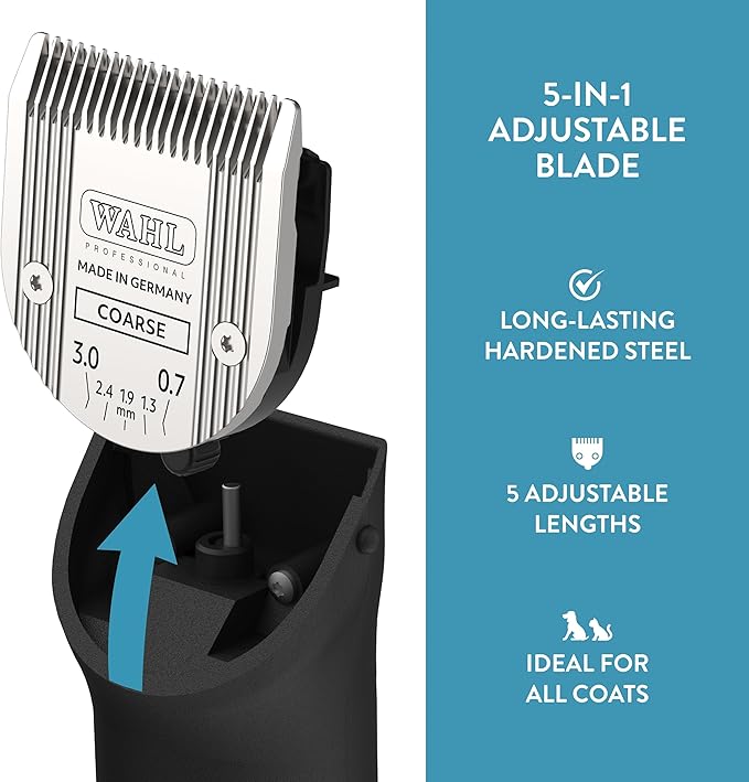 WAHL Professional Animal 5-in-1 Adjustable Blade Arco, Bravura, Chromado, Creativa, Figura, and Motion Pet, Dog, and Horse Clippers - Coarse (2179-401)