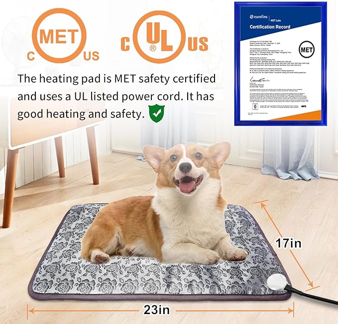 Heated Dog Bed, Electric Pet Heating Pad Heated Pet Bed for Cats,Upgraded Adjustable Controller,Waterproof Heating Pad for Dogs with Chew Resistant Steel Cord(Rose, 23 * 17in)