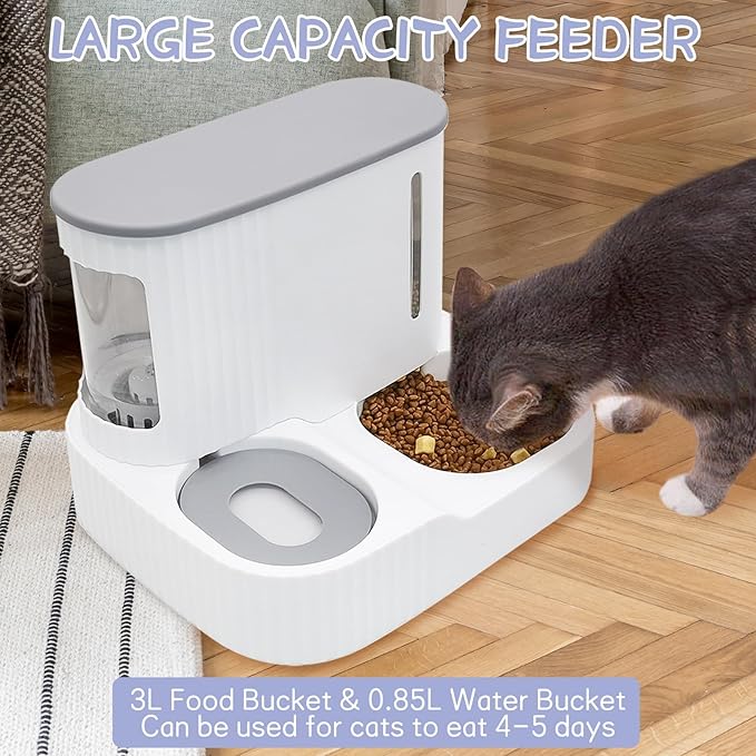 Kathson Automatic 2 in 1 Cat Feeder and Water Dispenser, Gravity Feed Pet Feeder for Indoor & Outdoor Cats (Grey)